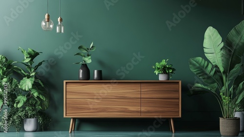 Wallpaper Mural Vertical frame on a minimalist wooden commode in a dark green home interior, surrounded by stylish vases and plants. Torontodigital.ca