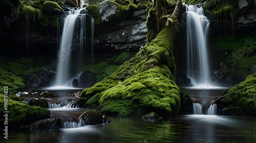 Natural waterfall with rocks and green moss Generative AI