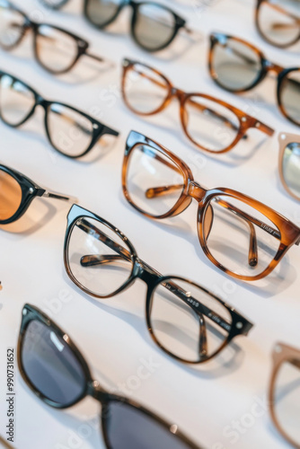 Several pairs of eyeglasses in diverse styles and colors are arranged neatly on a white background, emphasizing their modern designs and trends.