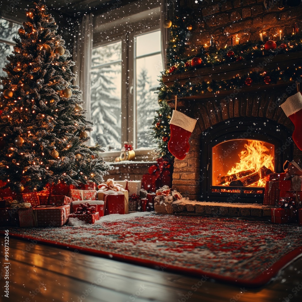A Cozy Christmas Fireplace Scene with Decorated Tree, Presents, and Falling Snow A Cozy Christmas Fireplace Scene with Decorated Tree, Presents, and Falling Snow