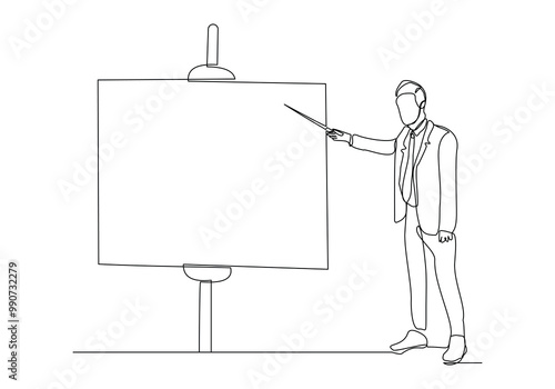 Continuous single line sketch drawing of standing businessman doing presentation pointing on board screen projector with stick explain something. One line art vector illustration