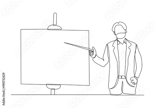 Continuous single line sketch drawing of standing businessman doing presentation pointing on board screen projector with stick explain something. One line art vector illustration