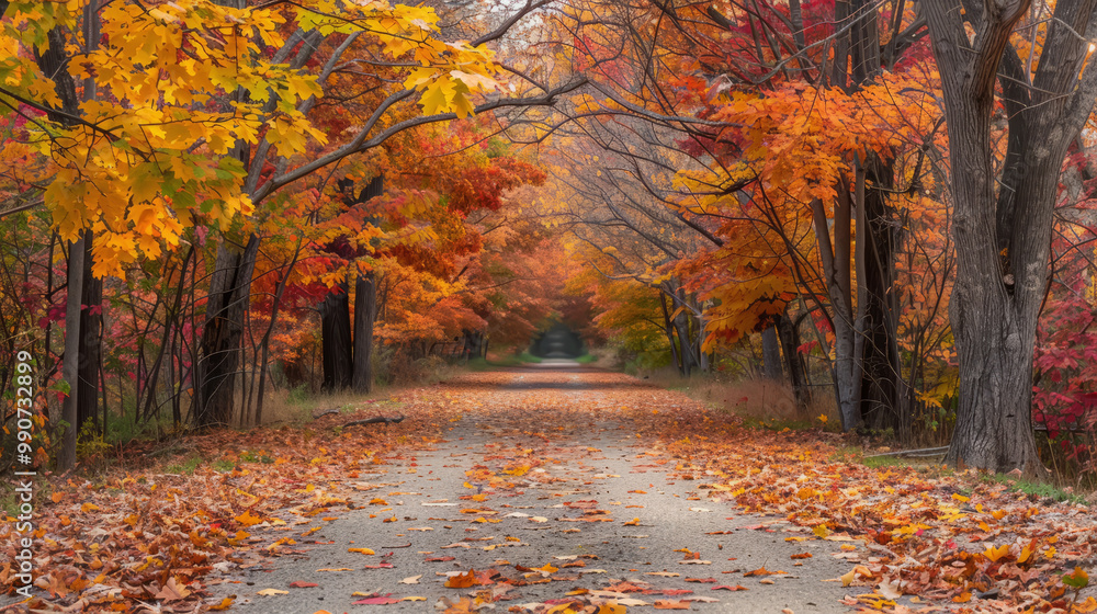 Naklejka premium A scenic pathway covered with fallen golden leaves, flanked by tall trees with vibrant autumn foliage in shades .