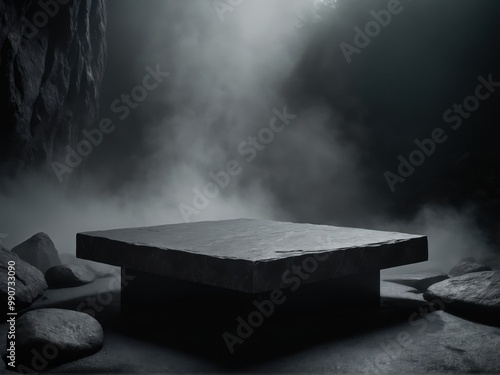 A dark gray stone podium set in a misty, rocky landscape, surrounded by towering cliffs and fog under a cloudy sky.