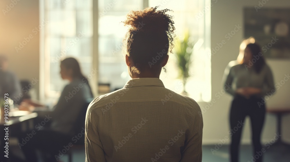 Woman standing in office, back to camera, sunny. Woman standing in office, back to camera, sunny.