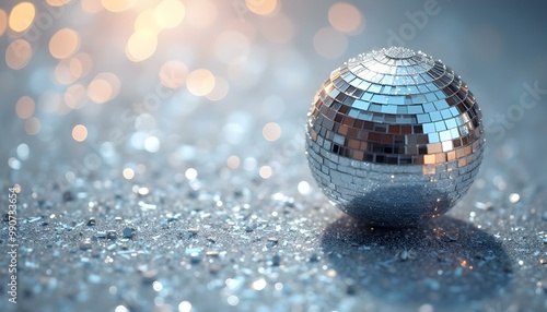 The disco ball glimmers while surrounded by a shimmering background of glitter