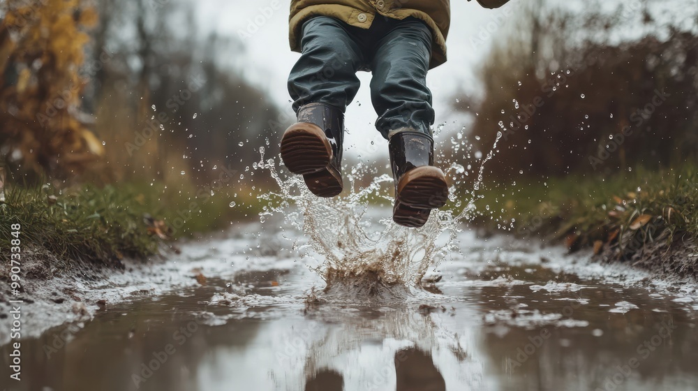 A joyful child jumps in puddles, splashing water and enjoying the fresh, post-rain air A joyful child jumps in puddles, splashing water and enjoying the fresh, post-rain air