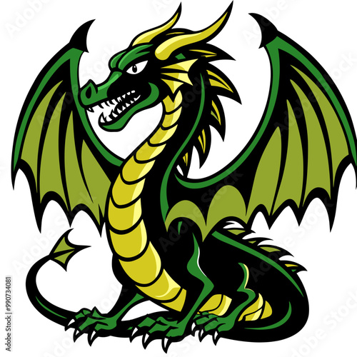 Green dragon vector illustration in a fierce pose on a white background