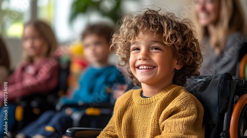 Children with special needs in a sunny rehab center, sharing stories and learning together with supportive educators, showcasing inclusive education