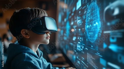 Classroom scene with a student using a VR headset, blue AI hologram displaying learning algorithms, tech-driven futuristic education environment