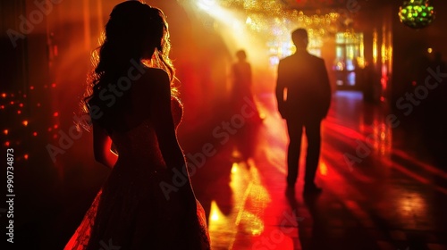 Silhouettes in a Red Lit Ballroom