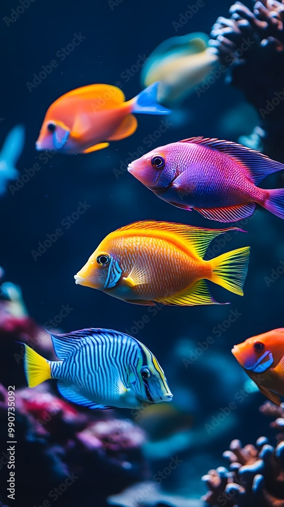 Fototapeta premium A group of colorful tropical fish swimming in the water, with vibrant colors and beautiful coral reefs around them