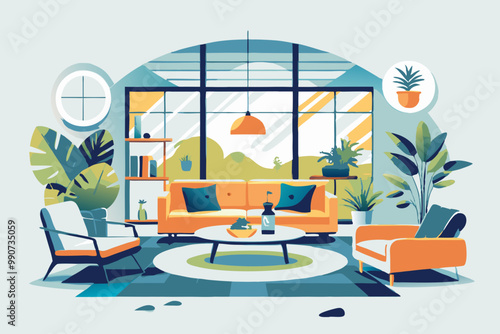 Modern Living Room Interior with Lush Greenery and Trendy Furnishings
