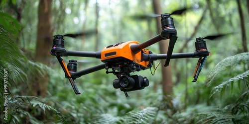 Orange drone flying through a lush green forest with its camera pointed down.