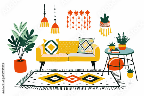 Colorful Bohemian Living Room with Plants and Modern Decor