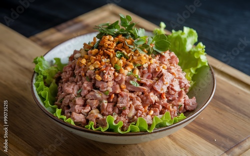 Delicious Asian style meat salad with nuts and herbs in a white bowl on a wooden board.