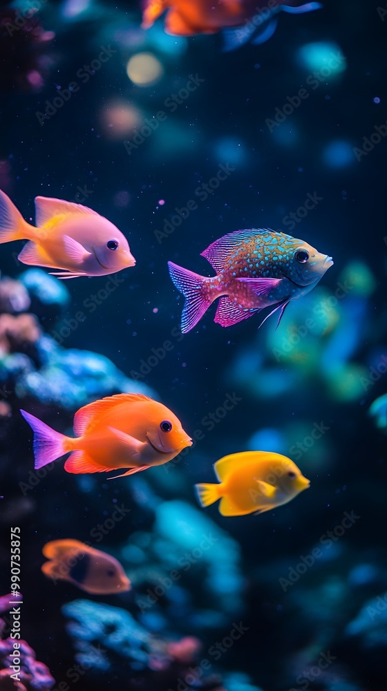 A group of colorful tropical fish swimming in the water, with vibrant colors and beautiful coral reefs around them A group of colorful tropical fish swimming in the water, with vibrant colors and beautiful coral reefs around them