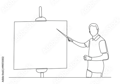 Continuous single line sketch drawing of standing businessman doing presentation pointing on board screen projector with stick explain something. One line art vector illustration