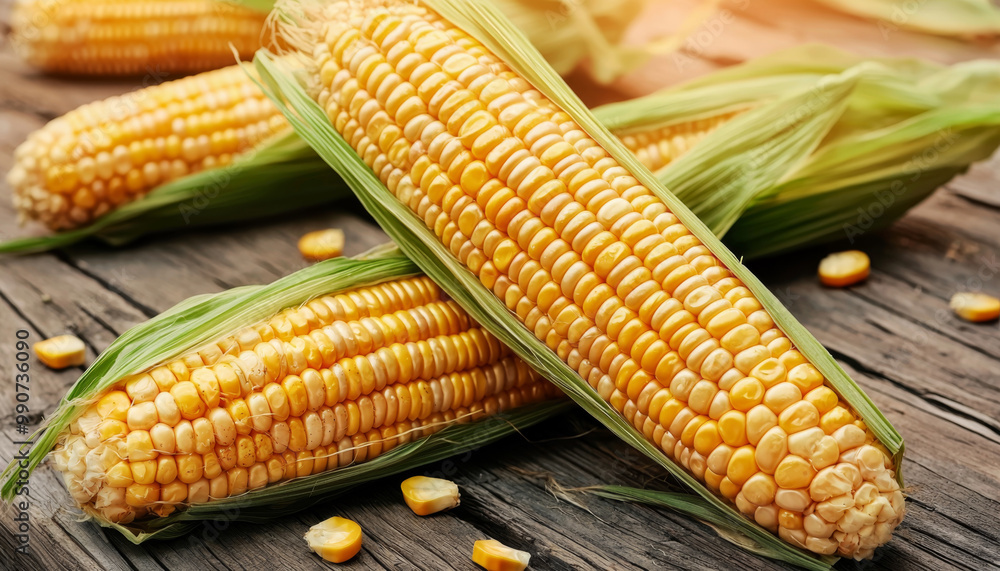 Fresh corn on the cob with husks, showcasing vibrant yellow kernels against a rustic wooden background. Fresh corn on the cob with husks, showcasing vibrant yellow kernels against a rustic wooden background.