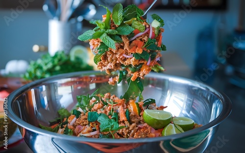 A metal spoon scoops a mixture of ground meat, vegetables, and fresh herbs into a silver bowl. photo