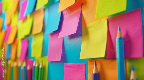The image depicts a collection of colorful blanc empty sticky notes attached to a wall or board.