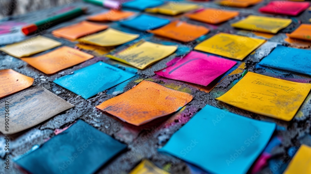 The image depicts a collection of colorful blanc empty sticky notes attached to a wall or board. The image depicts a collection of colorful blanc empty sticky notes attached to a wall or board.