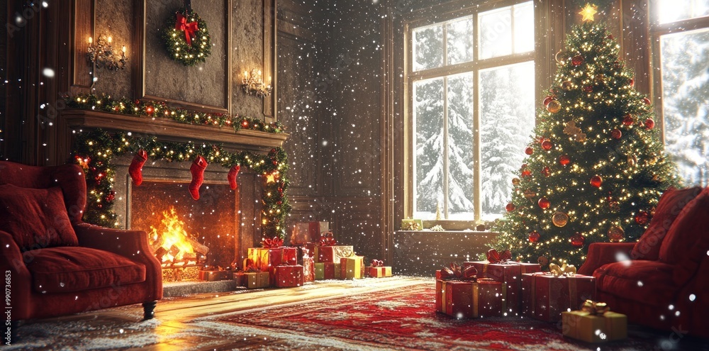 Cozy Christmas Living Room with Fireplace, Decorated Tree, and Gifts Cozy Christmas Living Room with Fireplace, Decorated Tree, and Gifts