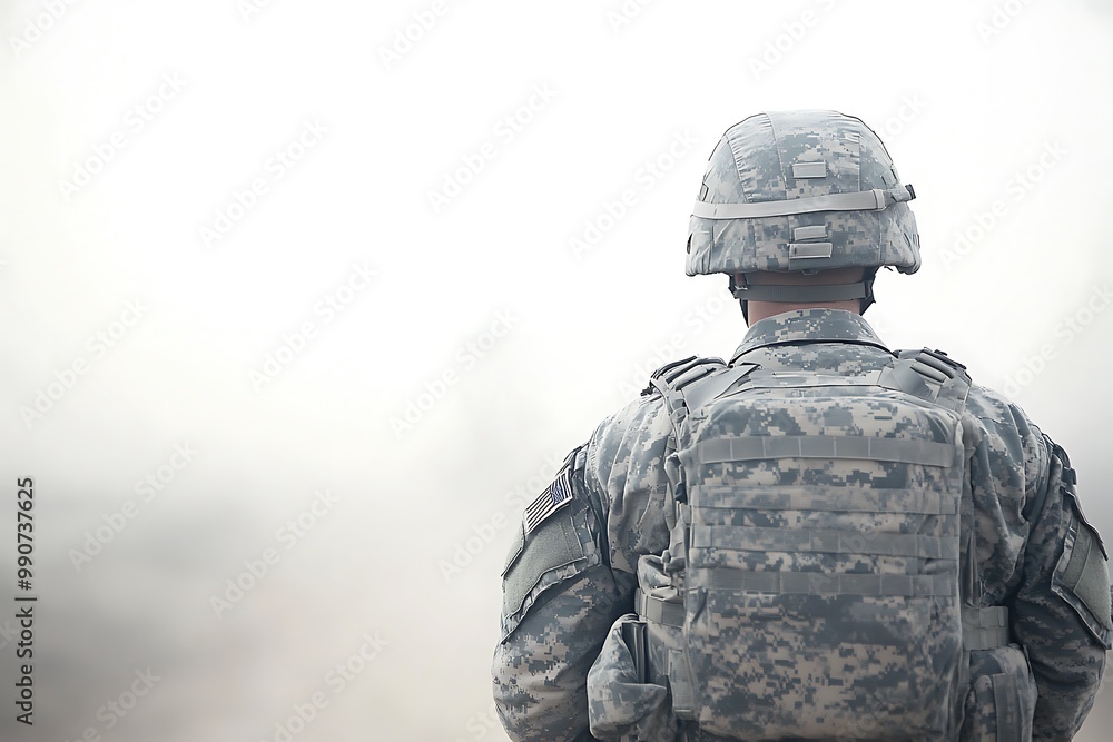 Soldier Standing in Foggy Landscape Soldier Standing in Foggy Landscape