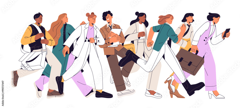 Fototapeta premium Busy people run fast banner. Crowd of office workers, employees hurry to work. Businesswomen rushing to meet deadlines. Business race concept. Flat vector illustration isolated on white background