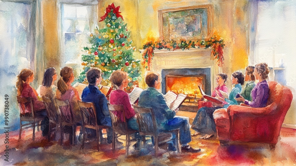 Choir Singing Carols in Cozy Living Room Choir Singing Carols in Cozy Living Room