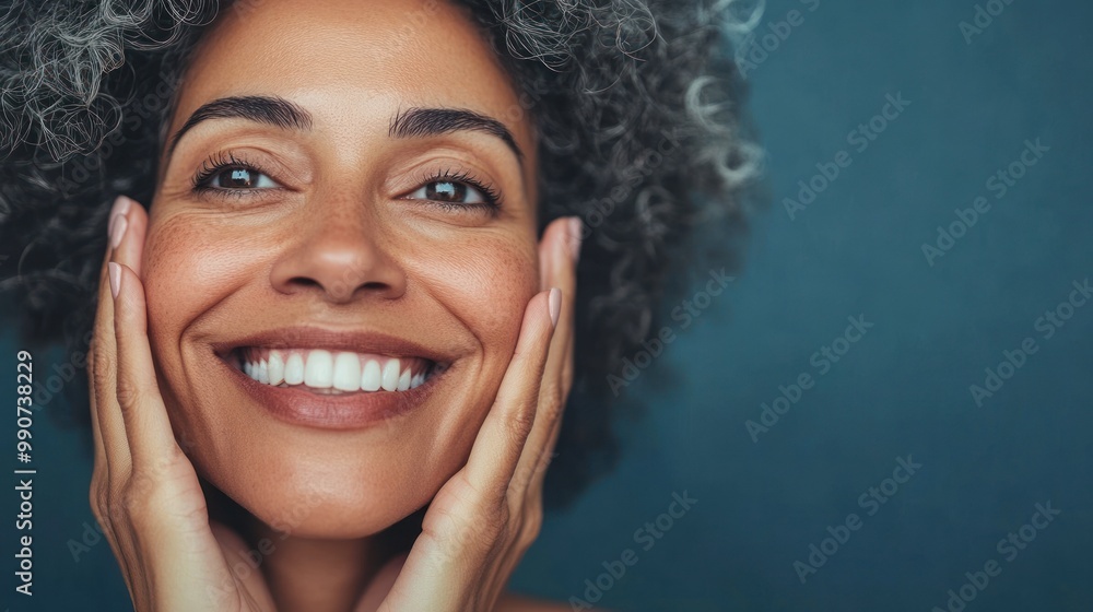 Smiling woman with natural curls exuding joy Smiling woman with natural curls exuding joy