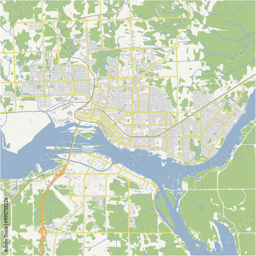 Map of Sault Ste. Marie in Canada in a normal road map style. Contains layered vector with roads water, parks, etc.