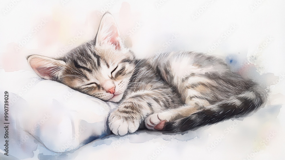 Dreamy Watercolor Kitten Sleeping on Soft Pillow Dreamy Watercolor Kitten Sleeping on Soft Pillow