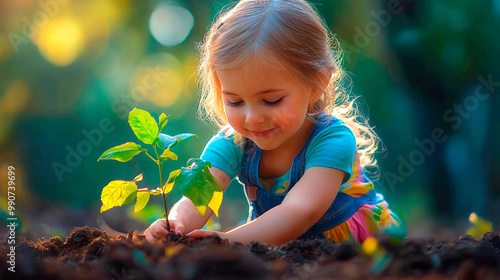 Child girl planting a tree in the park