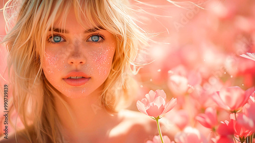 Beautiful girl in a field with flowers and crystals on her face
