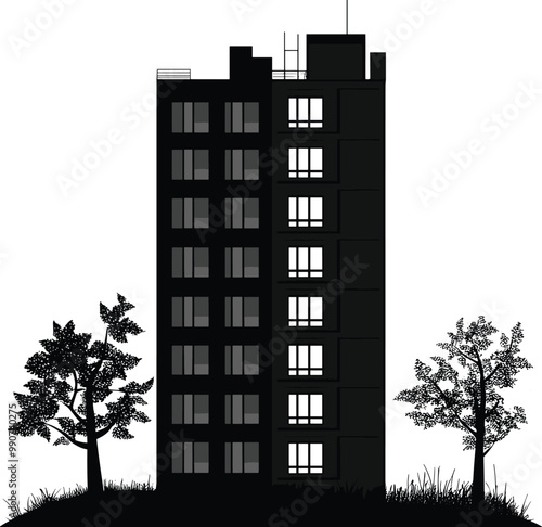 Urban Building Silhouette with Trees - Modern Cityscape Vector