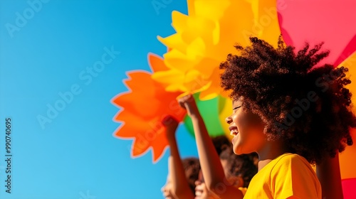 Diverse group of kids playing outside during recess, a smiling Black girl leading the group. Pop art style, bold colors, energetic vibe, sunny day