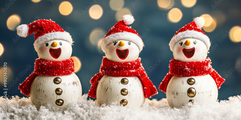 Three cheerful snowmen wearing red hats and scarves stand in a snowy landscape, decorated with glowing holiday lights in the background. Three cheerful snowmen wearing red hats and scarves stand in a snowy landscape, decorated with glowing holiday lights in the background.