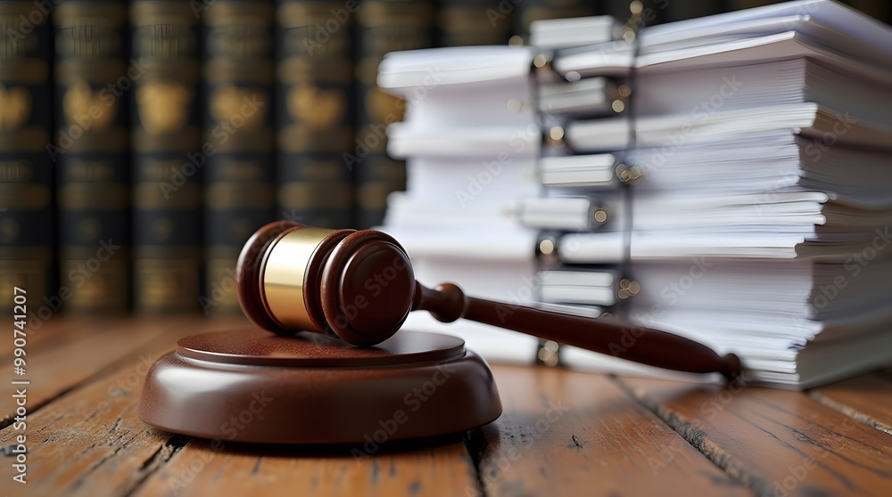 Obraz premium Gavel and Law Books on Wooden Table
