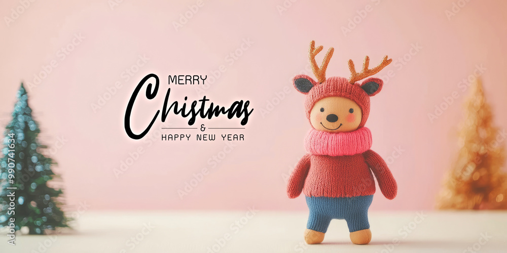 A cute, knitted teddy bear dressed for Christmas stands against a soft pink background, surrounded by mini holiday trees. A cute, knitted teddy bear dressed for Christmas stands against a soft pink background, surrounded by mini holiday trees.