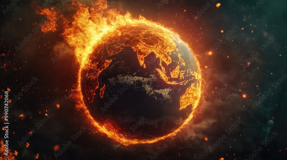 Planet engulfed in fire and smoke, indicating destruction or end times. Planet engulfed in fire and smoke, indicating destruction or end times.