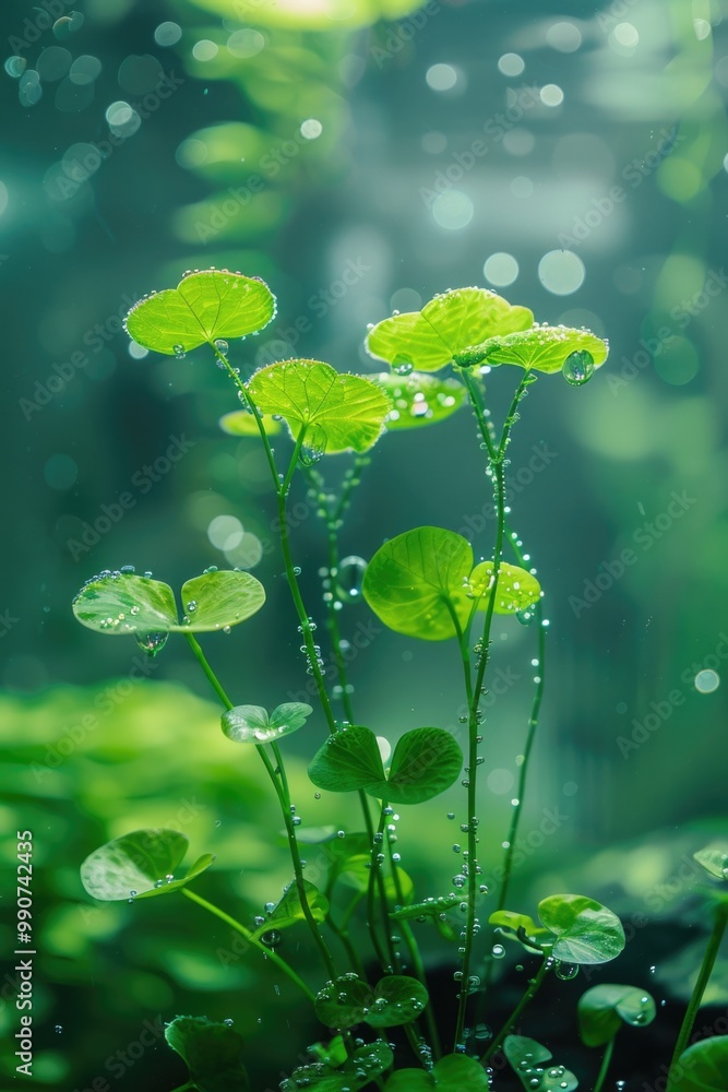 Nature scene with water drops on green plants, capturing the freshness of early morning dew in a forest setting. Nature scene with water drops on green plants, capturing the freshness of early morning dew in a forest setting.