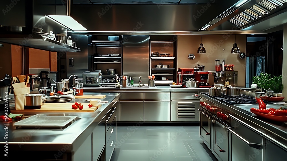 Modern Minimalist Kitchen Room with Wooden Table, luxurious Interior Design, Furniture with Background Modern Minimalist Kitchen Room with Wooden Table, luxurious Interior Design, Furniture with Background