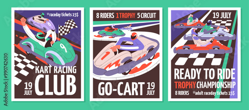 Karting competition event posters set. Racers in helmets driving cars, carting on raceroad. People racing on track. Promotion of motor sport championship, tournament. Flat vector illustrations