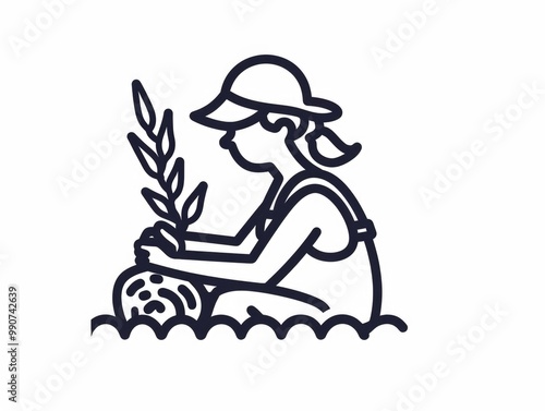 Stylized illustration of person farming with a straw hat and crop photo