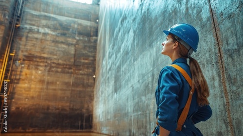 Engineer examining wall structure inside industrial site.