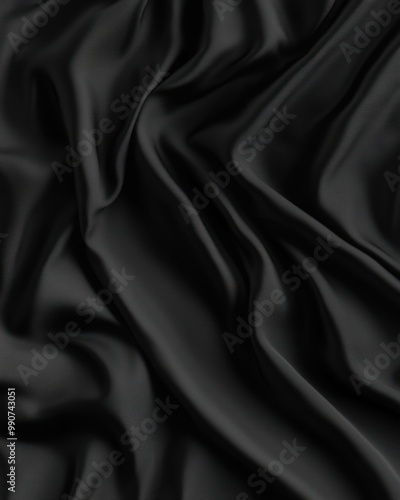 A close-up of smooth, black fabric with elegant folds and drapes.