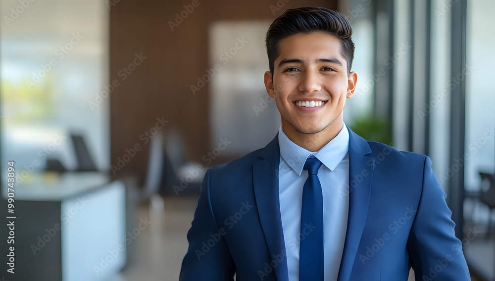 A young businessman in a blue suit and tie smiles confidently in an office setting. A young businessman in a blue suit and tie smiles confidently in an office setting.