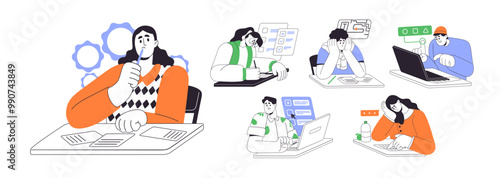 Students on exams set. People answer tests at paper, laptop. Men and women thinking, solve tasks at examination. Concept online education, checking knowledge. Flat isolated outline vector illustration