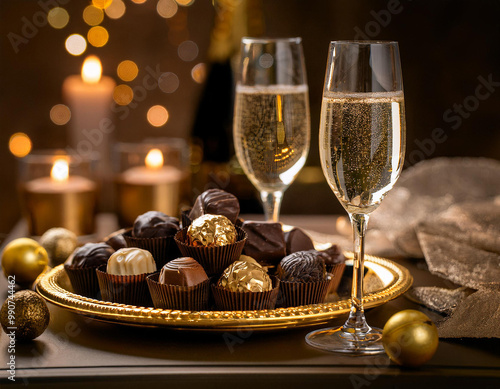 Collection of chocolates arranged on a plate, complemented by sparkling champagne in elegant glasses